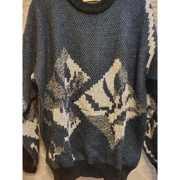 Vintage Mens Sweater Large Geometric Acrylic Cosby Preppy Old Money Aspen Lodge - Picture 2 of 16